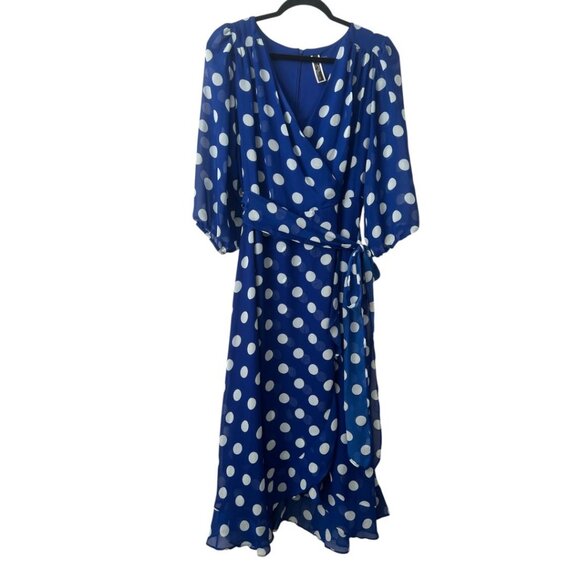 Julian Taylor Blue White Polka Dot Polyester 3/4 Sleeves Faux Wrap Dress 14W - Picture 2 of 10